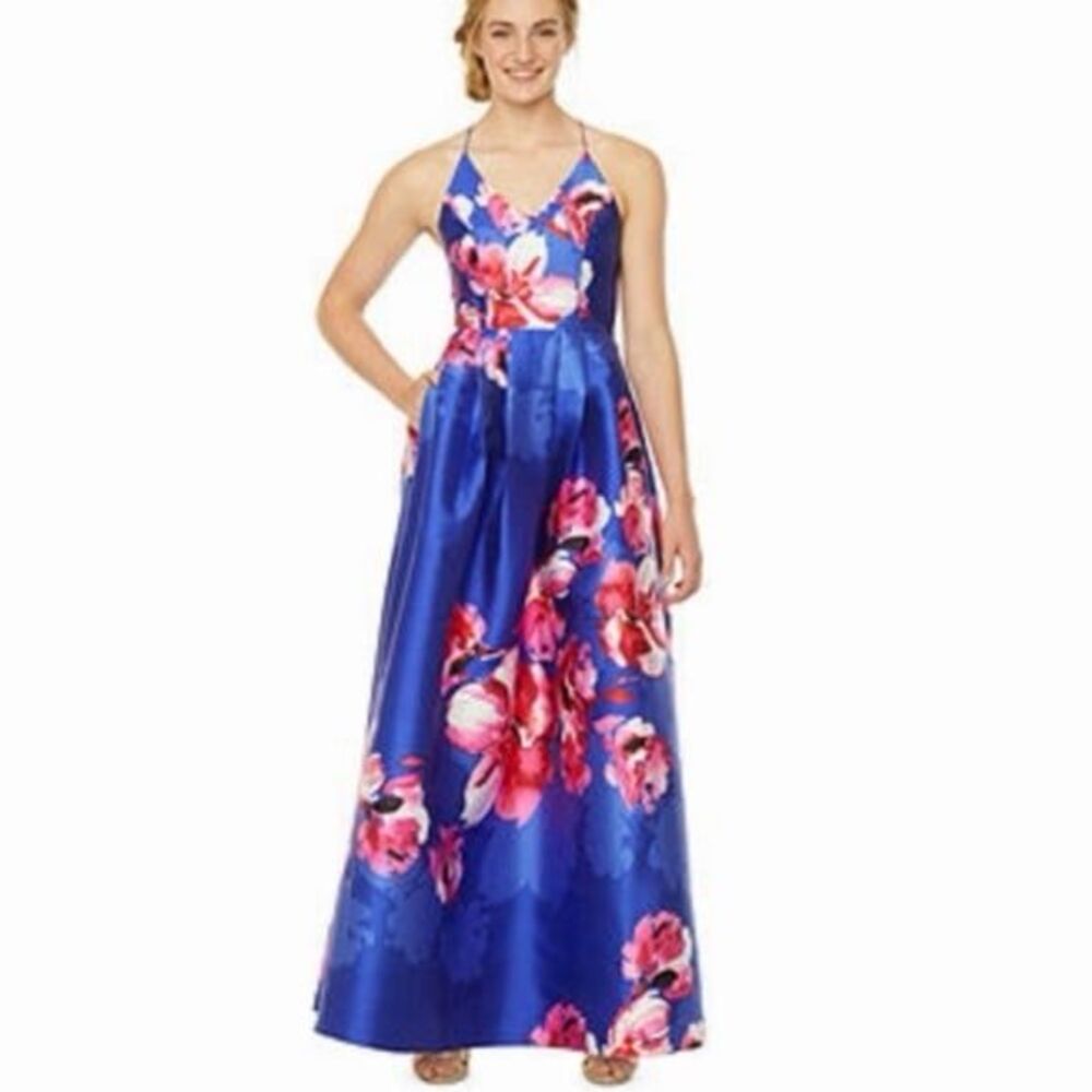 By & By, cobalt blue with blue & magenta pink flowers, cross back prom, Sz 15